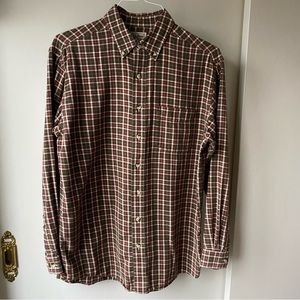LL Bean cotton Shirt Size Medium Long ML brown plaid burgundy red Button Down